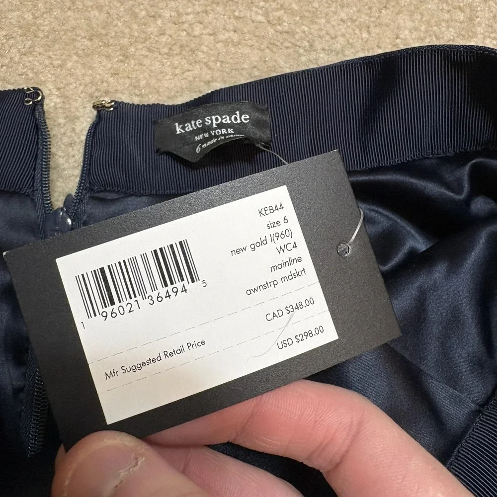 Kate Spade Skirt NWT Womens 6 Gold Navy Awning Stripe Satin Pleated Midi Party‎
